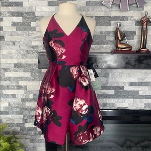 by & By Floral Satin  Burgundy Blue Mini Prom  Dress Women Size 3